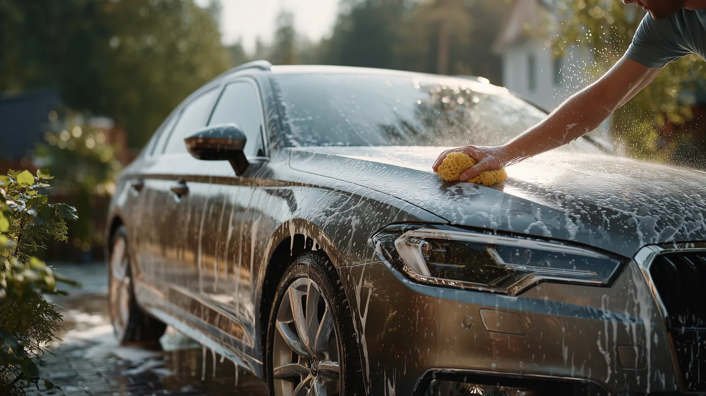 Handwäsche eines dunklen Fahrzeugs mit Schwamm und Schaum